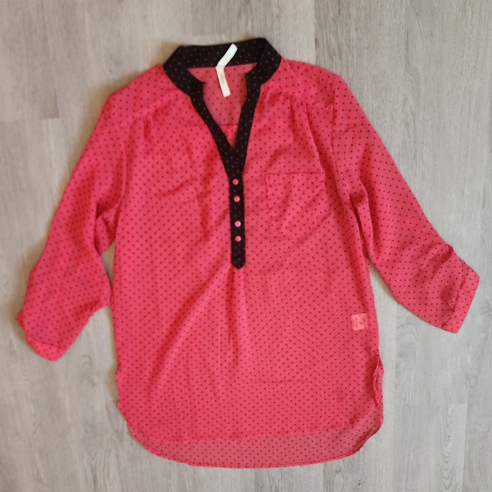 Truth NYC Junior's Polka Dot V-Neck Button Down Pullover Sheer Blouse Large L